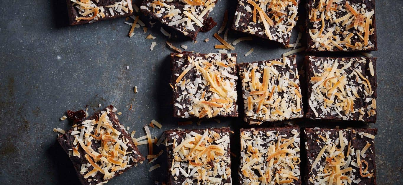 Black Forest Brownies with Cherries on a slate countertop