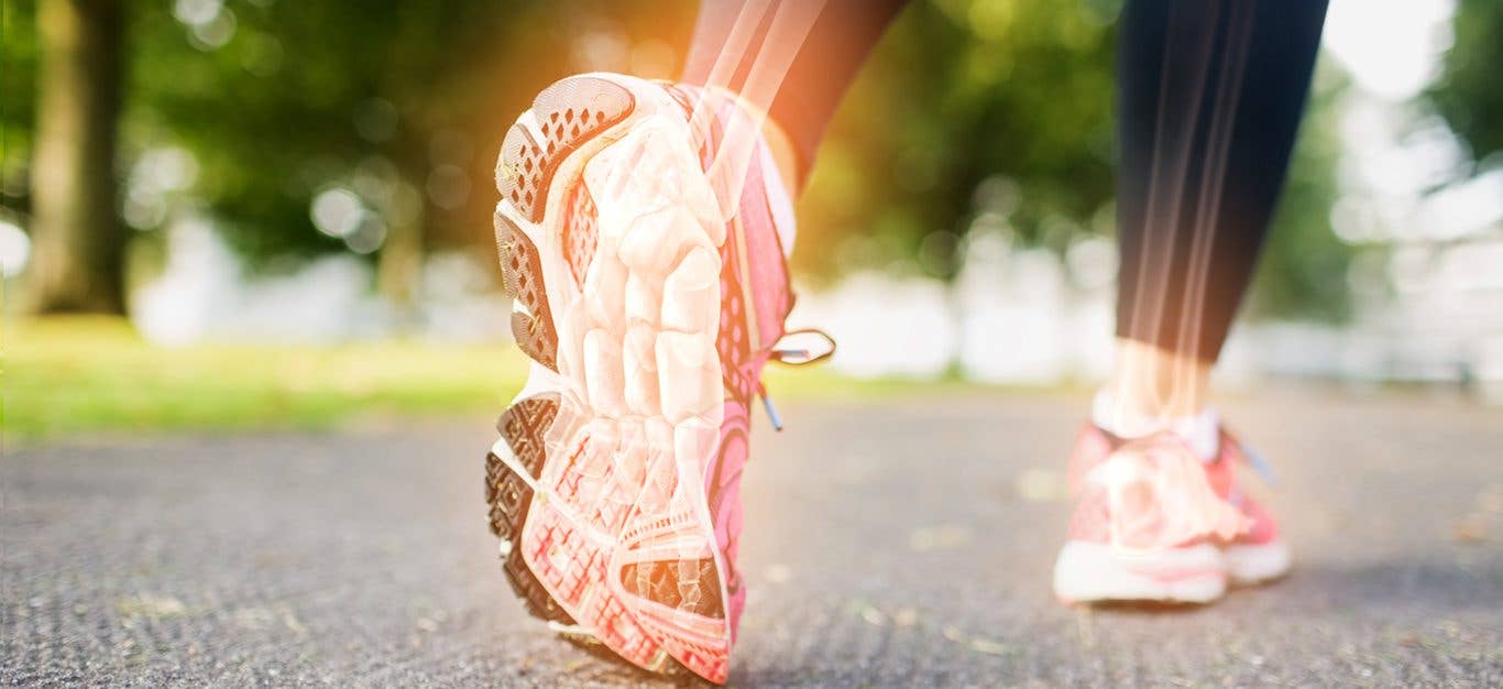 Highlighted bones of woman jogging on grass, showcasing stronger bones as a benefit of reducing sodium