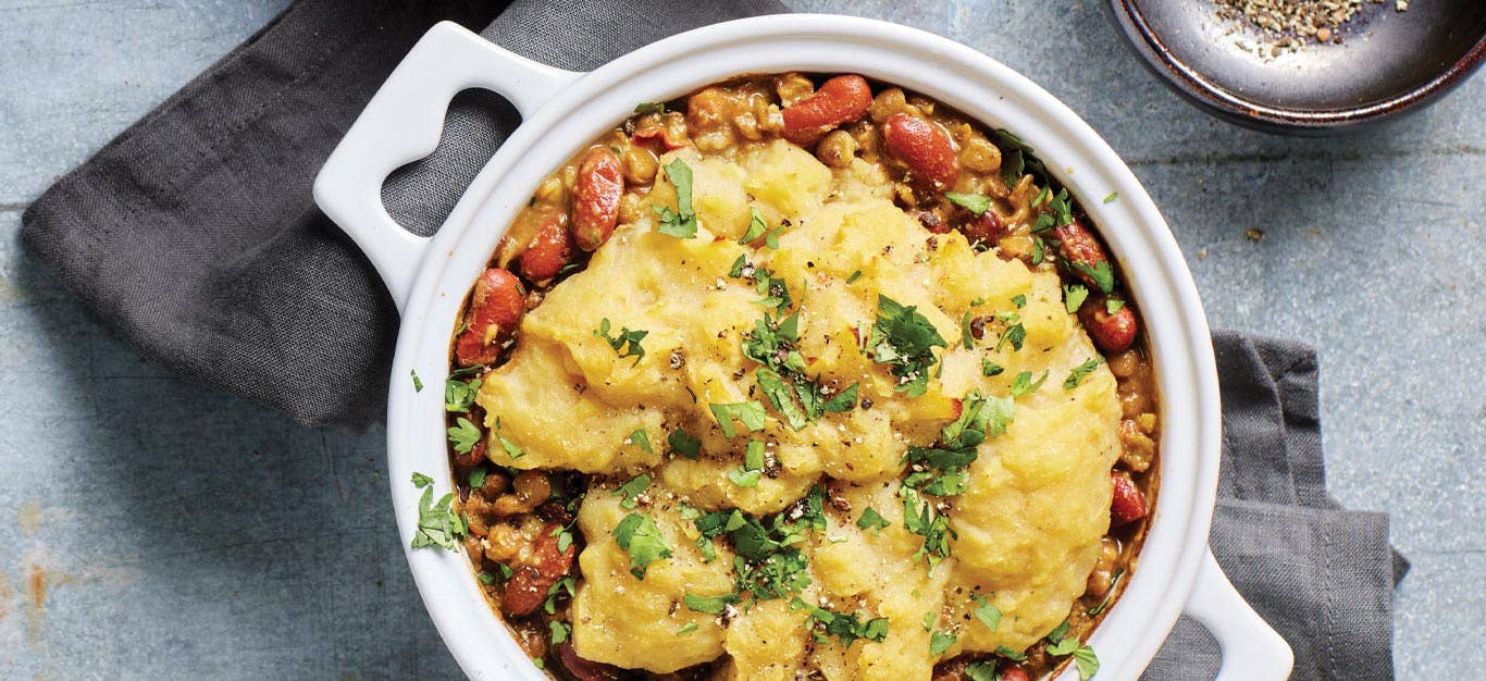 Individual Curried Shepherd’s Pies in white ramekins