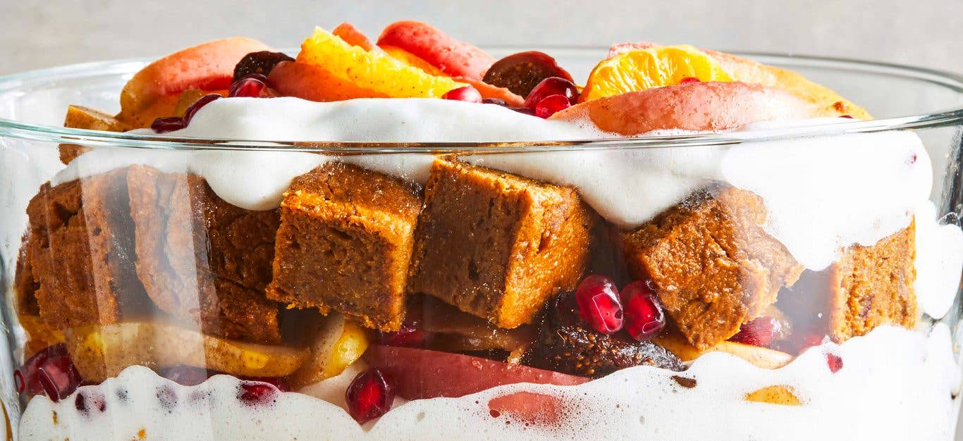 Fall Fruit Trifle with Pumpkin Gingerbread and vanilla cream in a glass serving bowl