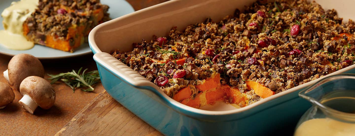 Vegan Sweet Potato Casserole with Herbed Mushroom Stuffing