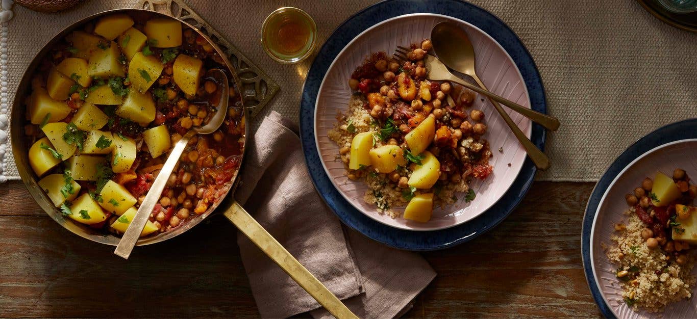 Moroccan Chickpea-Potato Tagine in a metal pot