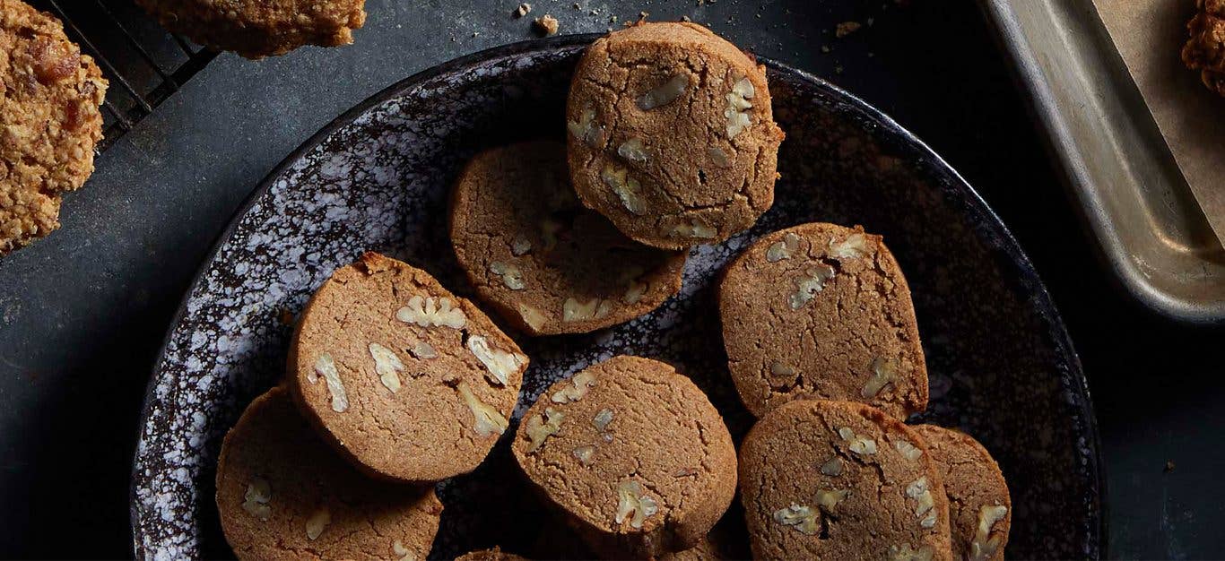 Pecan Shortbread Cookies on a ceramic plate