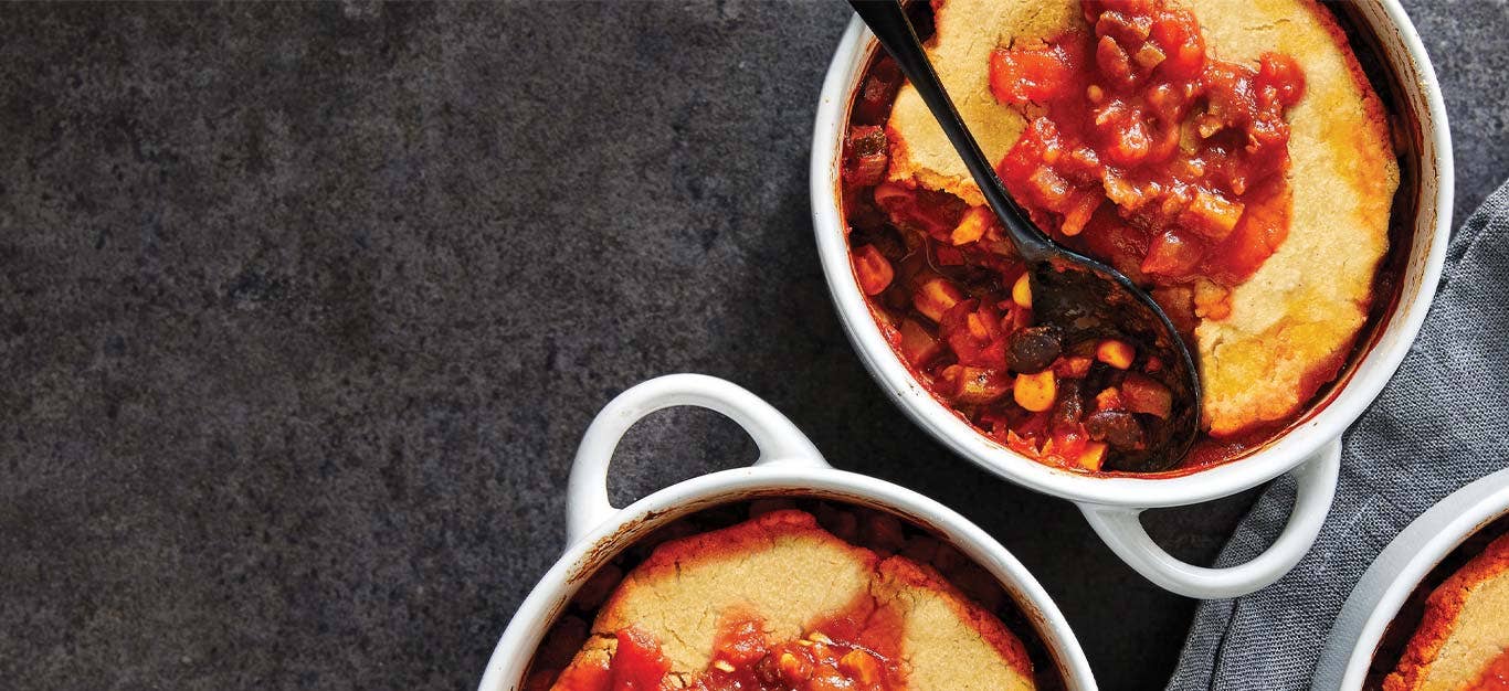 Mini Vegan Tamale Pie in white ramekins