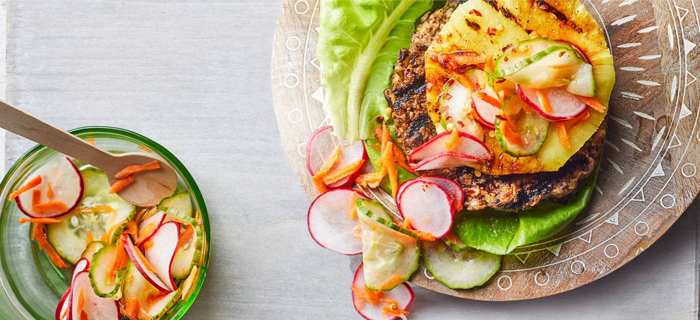 Vegan Teriyaki Burger with carrot pickle and grilled pineapple - a vegan recipe